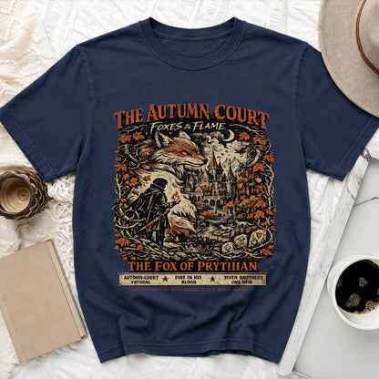 Dark blue t-shirt with "The Autumn Court Foxes & Flame" and "The Fox of Prytian" graphic.