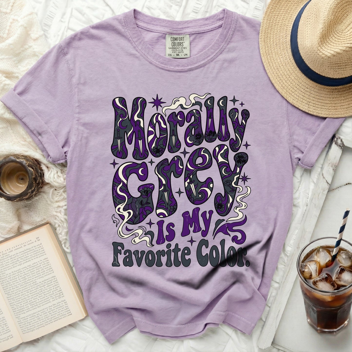 Morally Grey Is My Favorite Color t-shirt with psychedelic text.