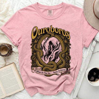 Pink t-shirt with Ouroboros and "What Do You See - Nesta Archeron" design.