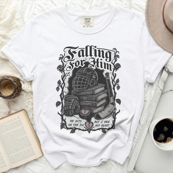 Falling For Him Hockey Romance Tee in White
