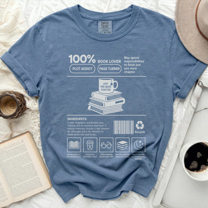 Comfort Colors blue t-shirt with "100% Book Lover" and reading-themed ingredients.