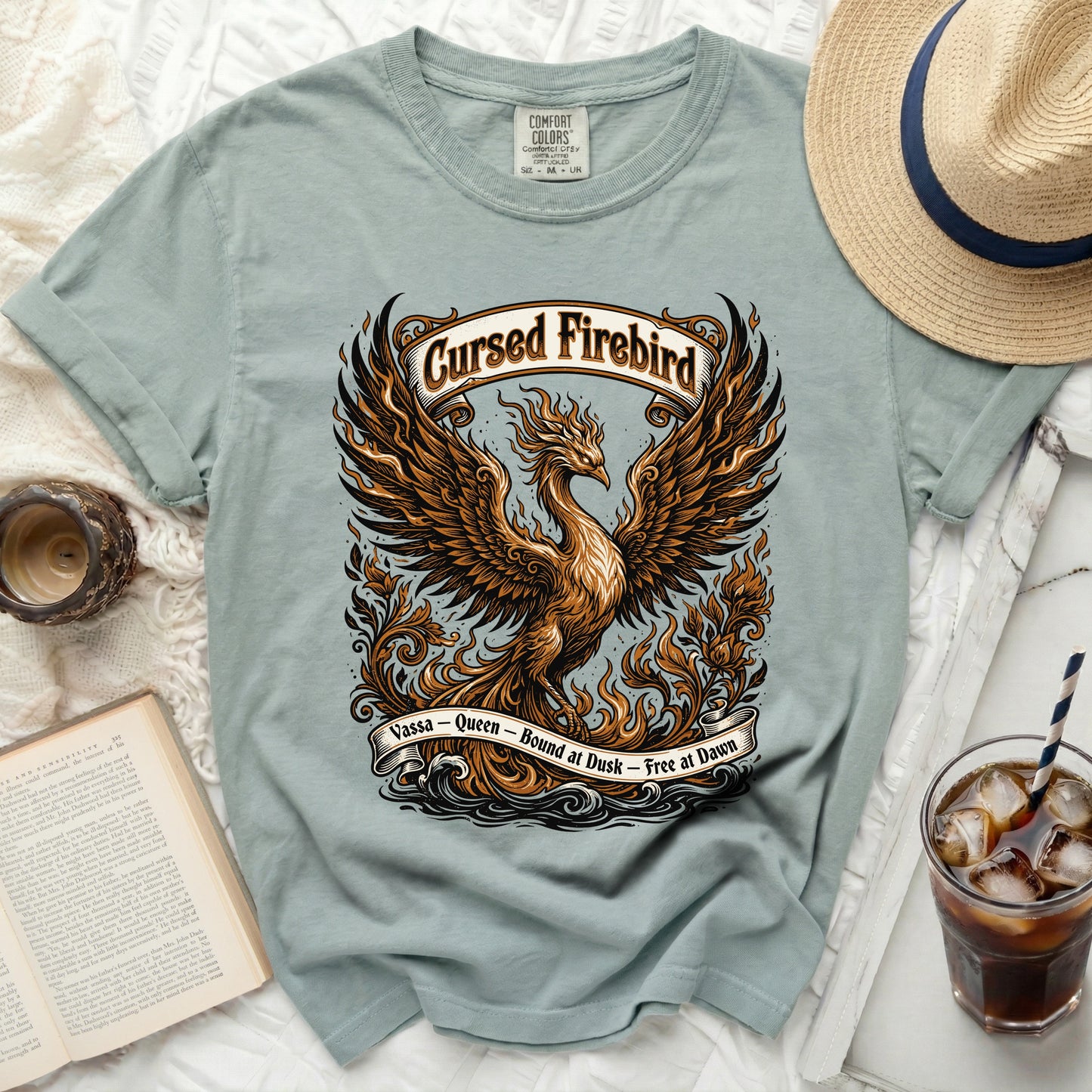 Cursed Firebird t-shirt with phoenix graphic and text "Vassa - Queen - Bound at Dusk - Free at Dawn".