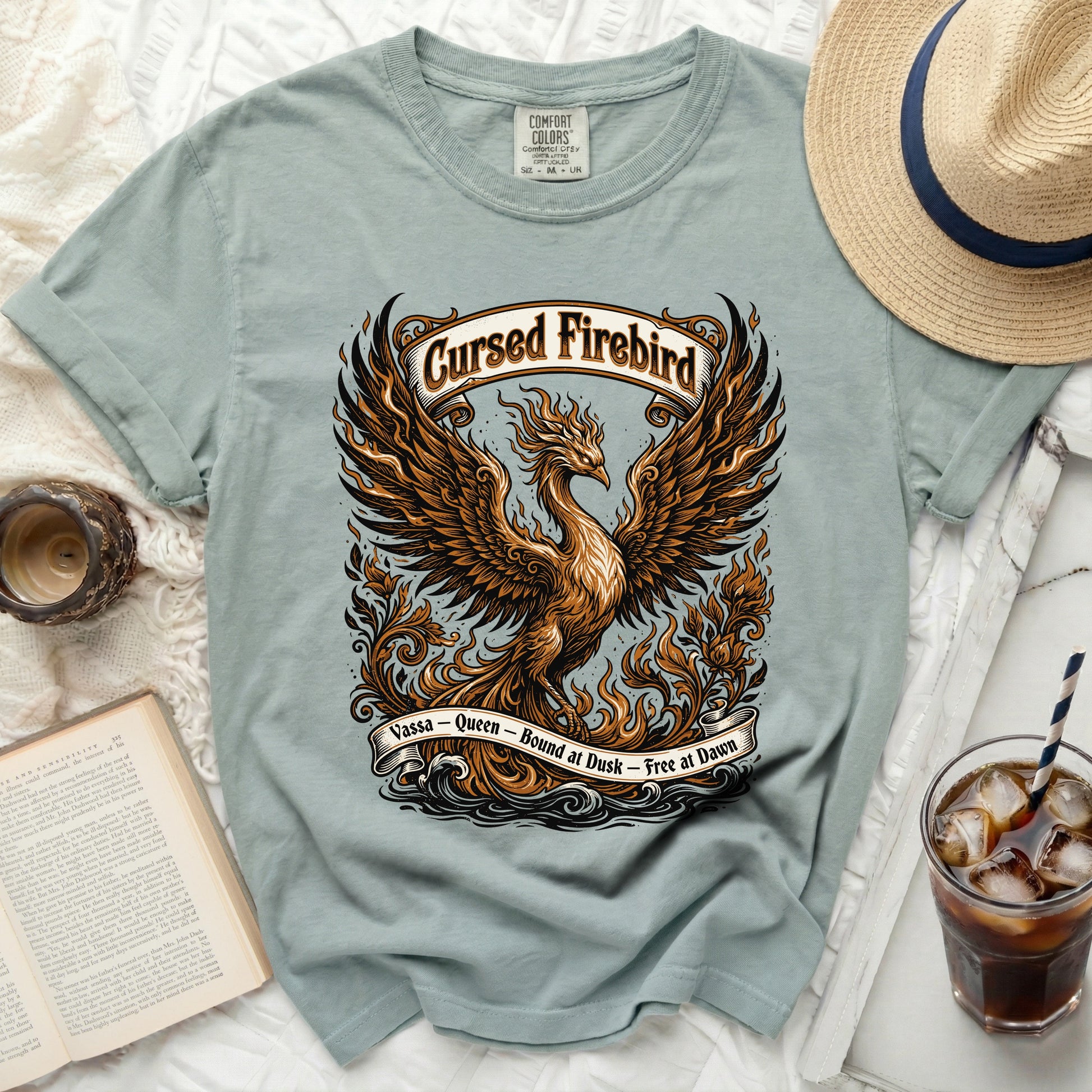 Cursed Firebird t-shirt with phoenix graphic and text "Vassa - Queen - Bound at Dusk - Free at Dawn".
