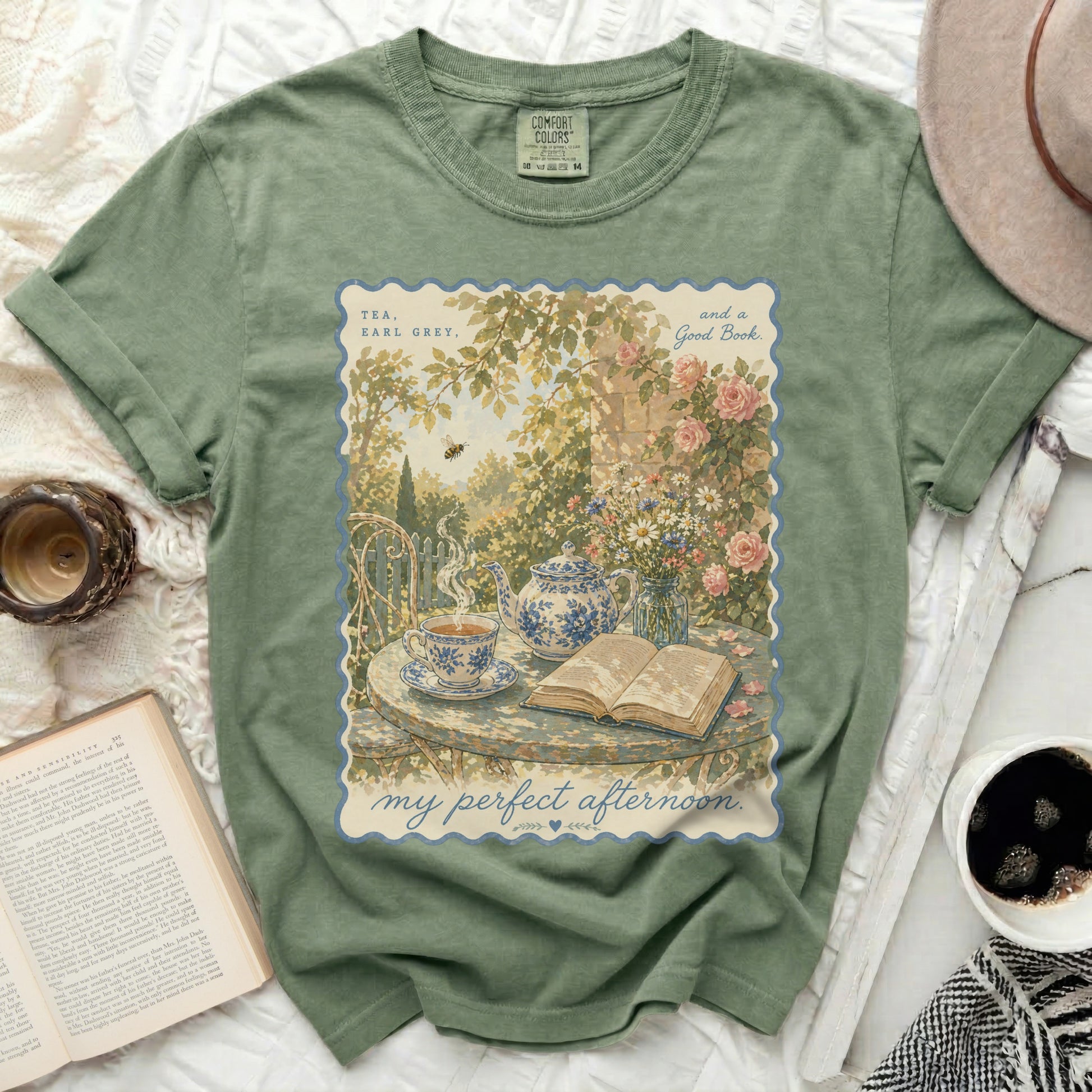 T-shirt with "Tea, Earl Grey, and a Good Book. my perfect afternoon." text.