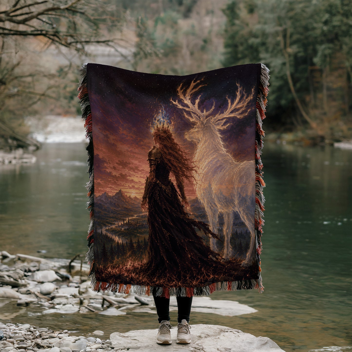 A person stands in front of a large tapestry depicting a woman with long hair and a crown, holding a large deer with antlers. The scene is set against a backdrop of a river and trees.