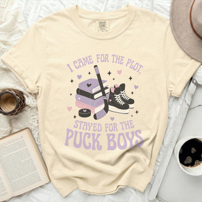 Cream t-shirt with "I Came For The Plot, Stayed For The Puck Boys" text and hockey imagery.
