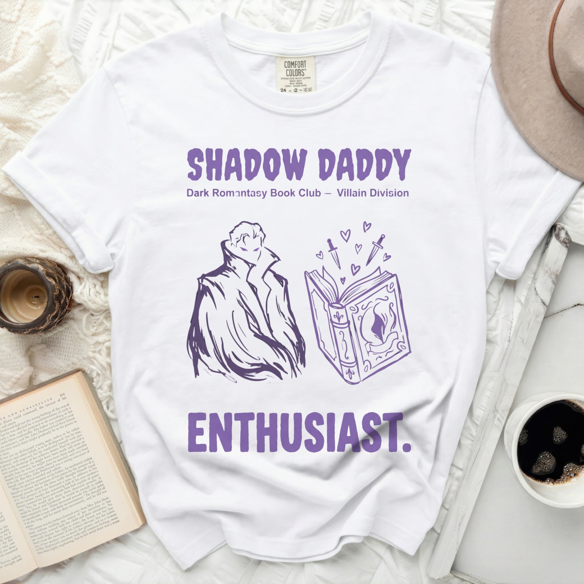White t-shirt with "Shadow Daddy Villain Division Enthusiast" text and illustration.