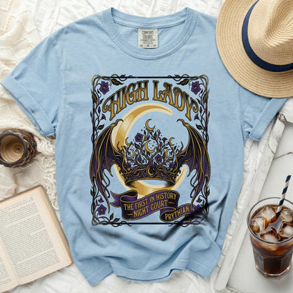 Light blue t-shirt with "High Lady" and fantasy art.