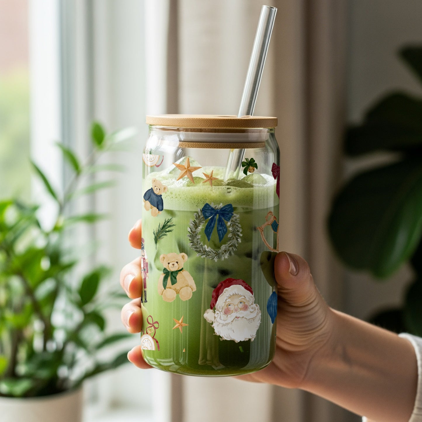 Festive Santa and Bear Holiday Themed Glass Jar Product