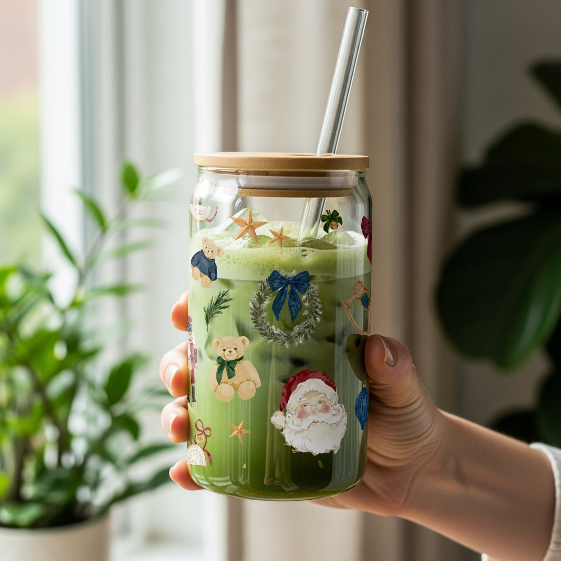 Festive Santa and Bear Holiday Themed Glass Jar Product