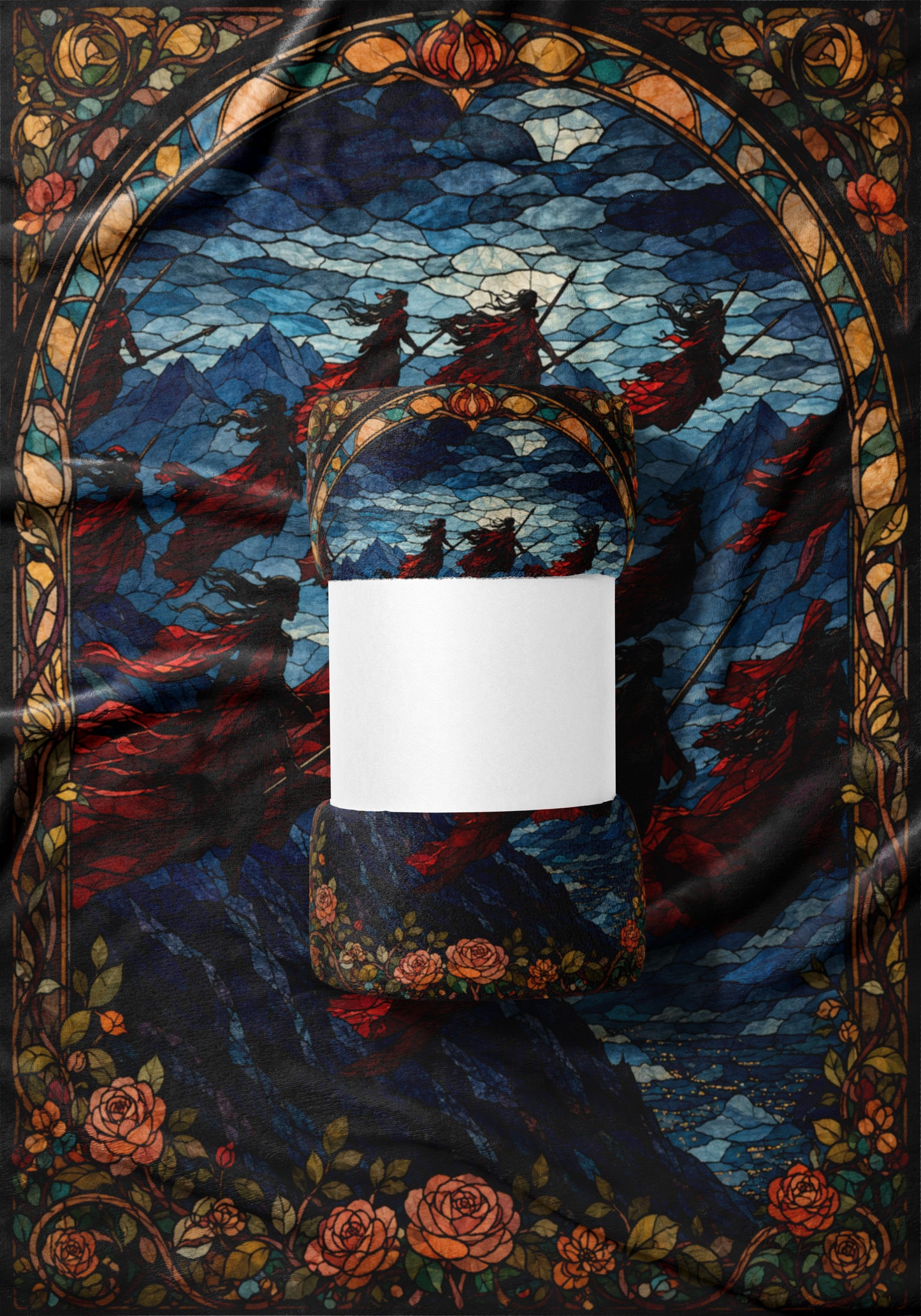 Jar with gothic stained glass design featuring spectral figures and floral border.