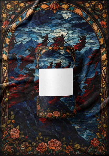 Jar with gothic stained glass design featuring spectral figures and floral border.