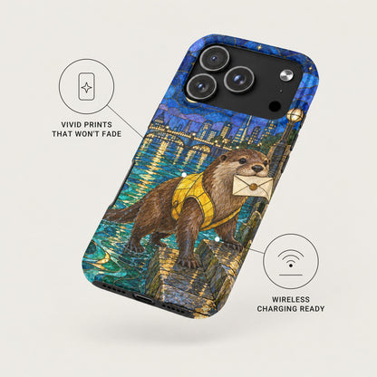 A phone case featuring an otter holding an envelope, with callout features for vivid prints and wireless charging.