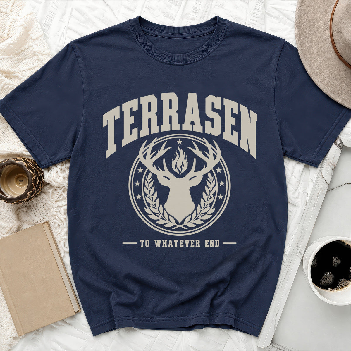 Navy t-shirt with "TERRASEN TO WHATEVER END" text and deer graphic.