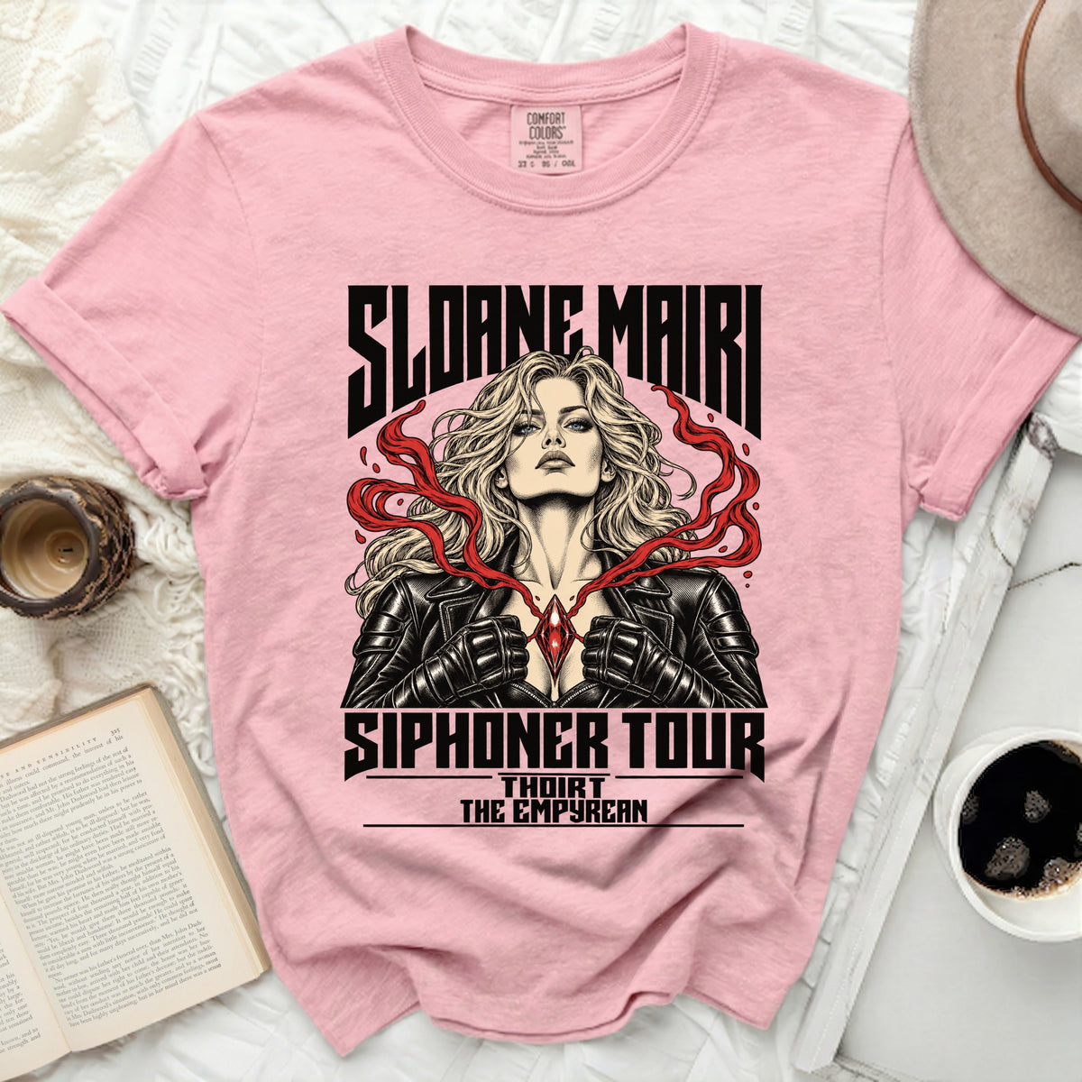 Pink t-shirt with Sloane Mairi "Siphaner Tour" graphic featuring a blonde woman.