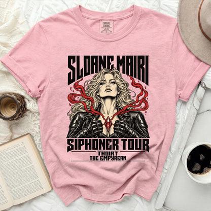 Pink t-shirt with Sloane Mairi "Siphaner Tour" graphic featuring a blonde woman.