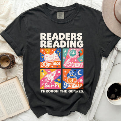 Black t-shirt with "Readers Reading Through The Genres" and colorful book icons.
