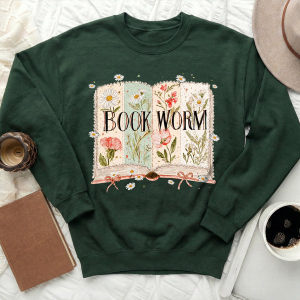 Floral Book Worm Sweatshirt in Forest Green