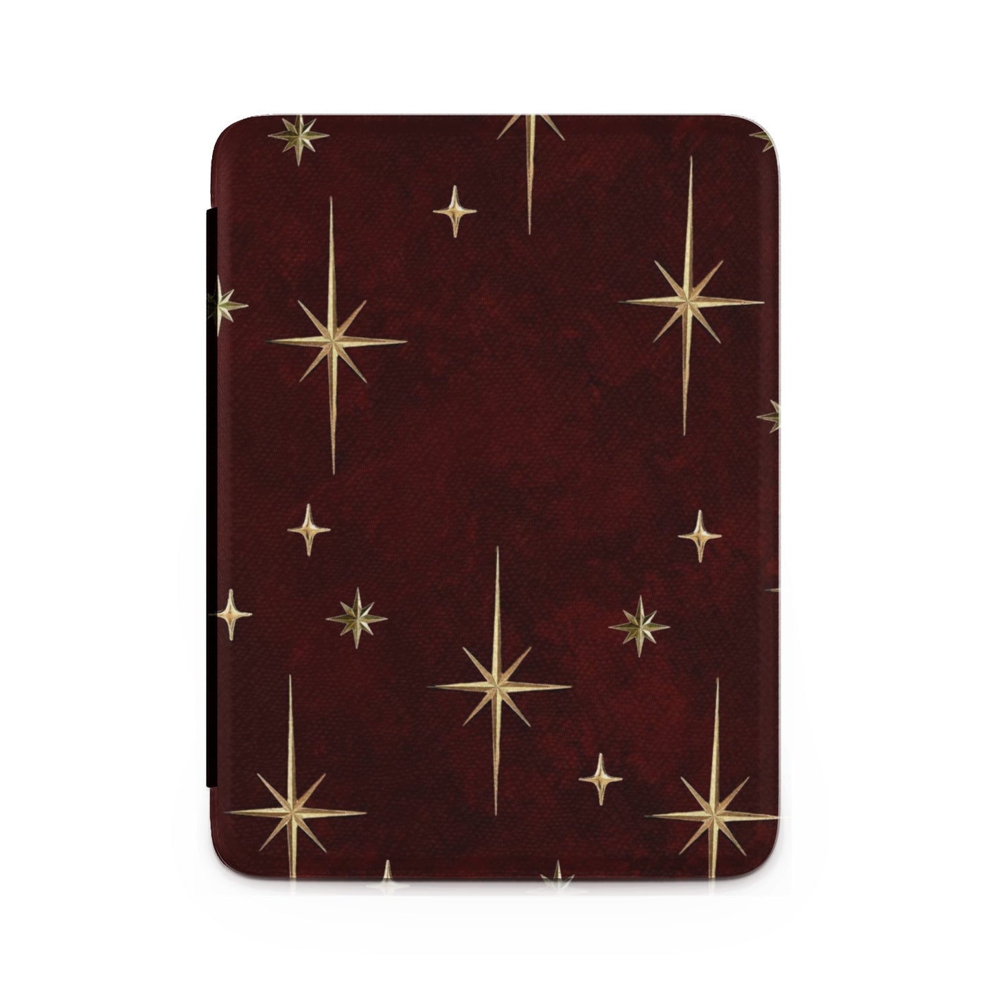 Dark red case with a pattern of gold starbursts and stars.
