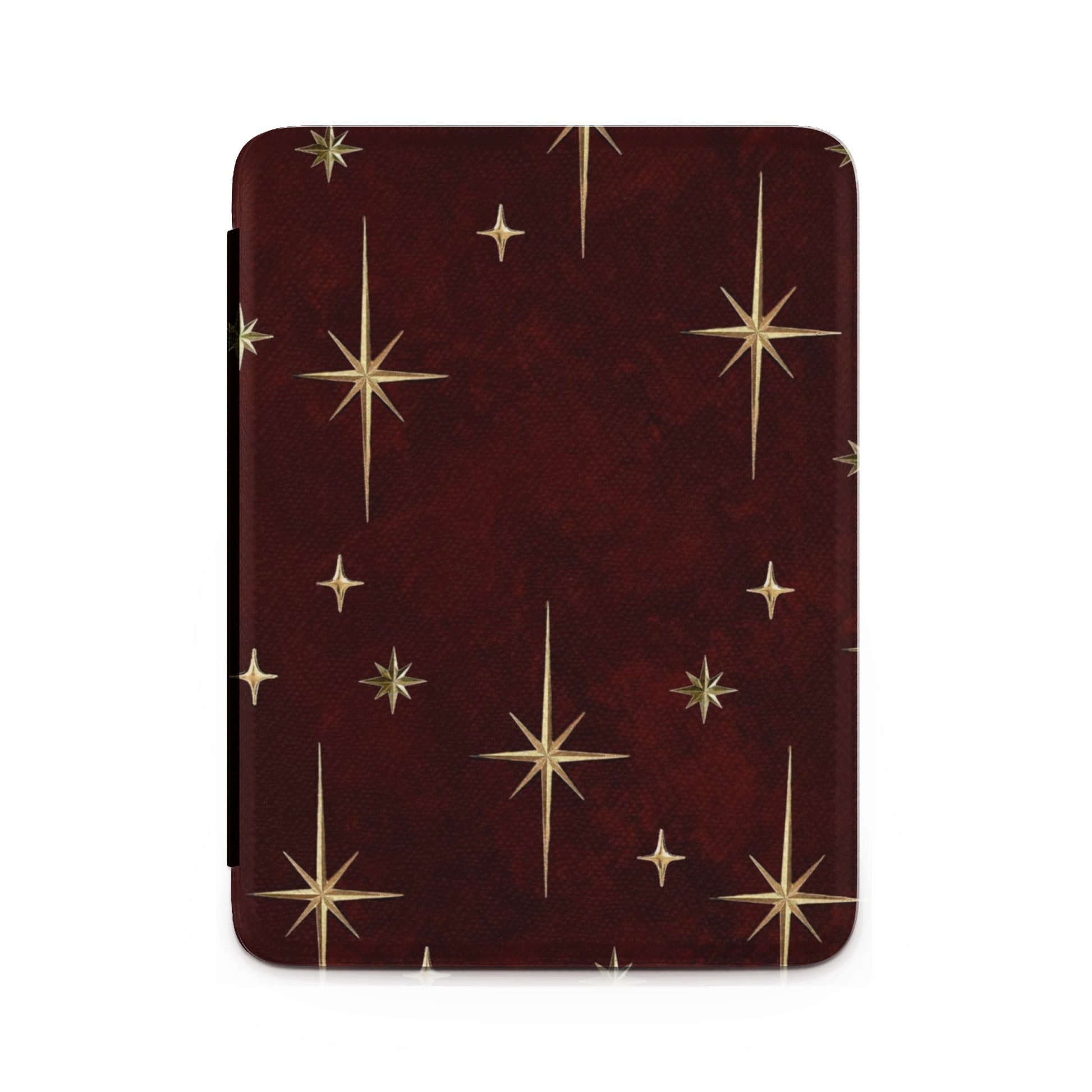 Dark red case with a pattern of gold starbursts and stars.