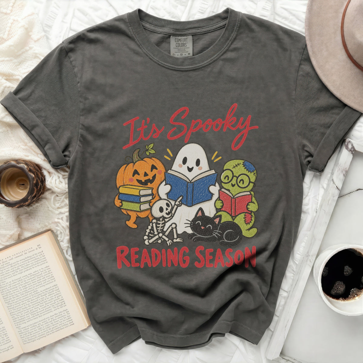 Grey t-shirt with "It's Spooky Reading Season" and Halloween graphics.