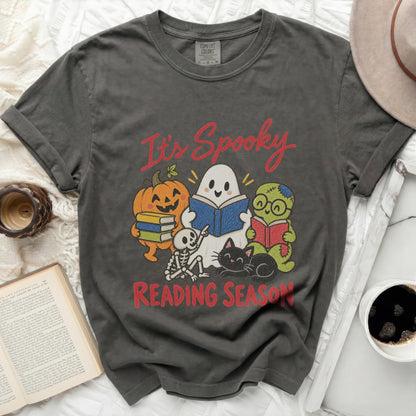 Grey t-shirt with "It's Spooky Reading Season" and Halloween graphics.