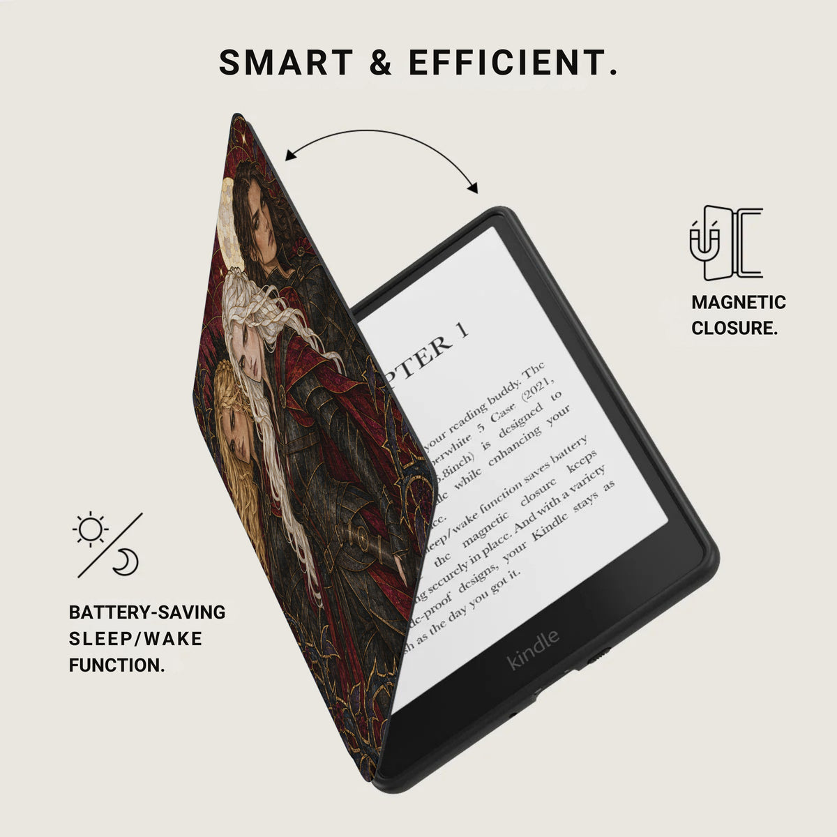 Kindle e-reader with decorative case featuring characters, sleep/wake function, and magnetic closure.