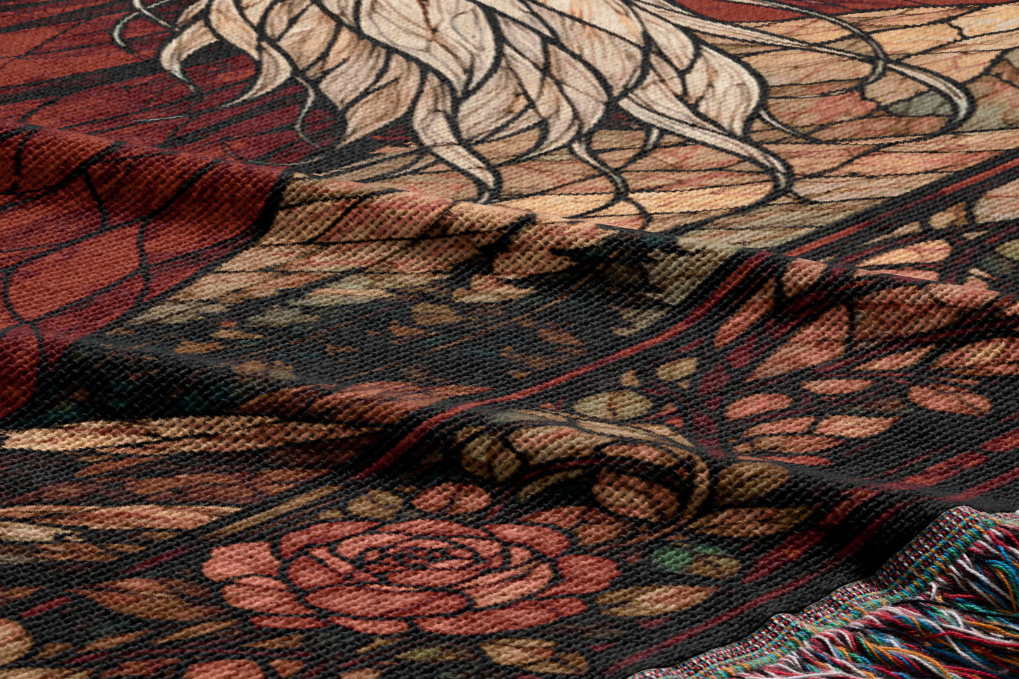 The image is a close-up of a textured fabric with a floral pattern, featuring a large rose design in the center.
