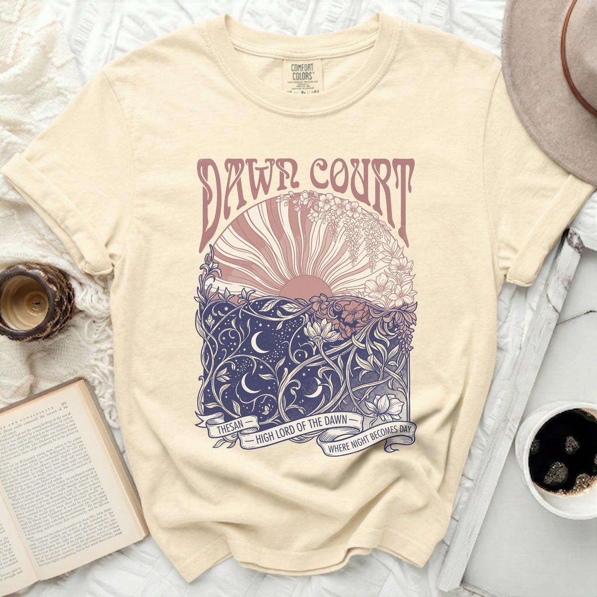 Cream t-shirt with "Dawn Court High Lord of the Dawn" graphic.