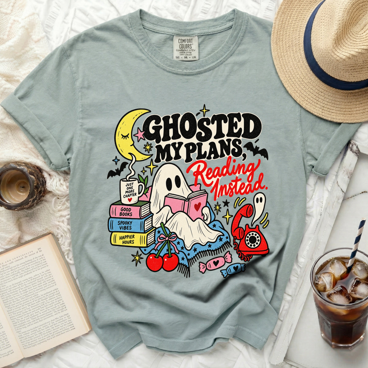 Ghosted my plans, reading instead graphic t-shirt with ghost reading book.