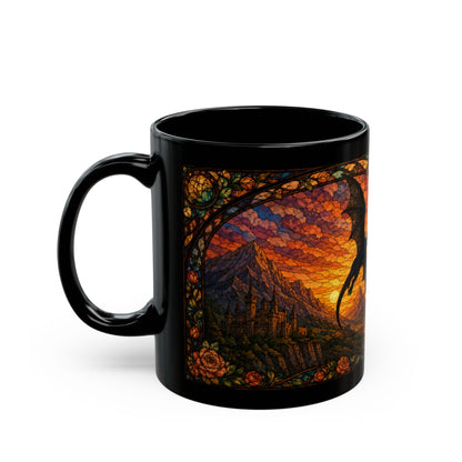 Black mug with a stained-glass style dragon flying over a castle and mountain sunset.