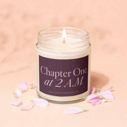 Candle with "Chapter One at 2 A.M." text, surrounded by petals.