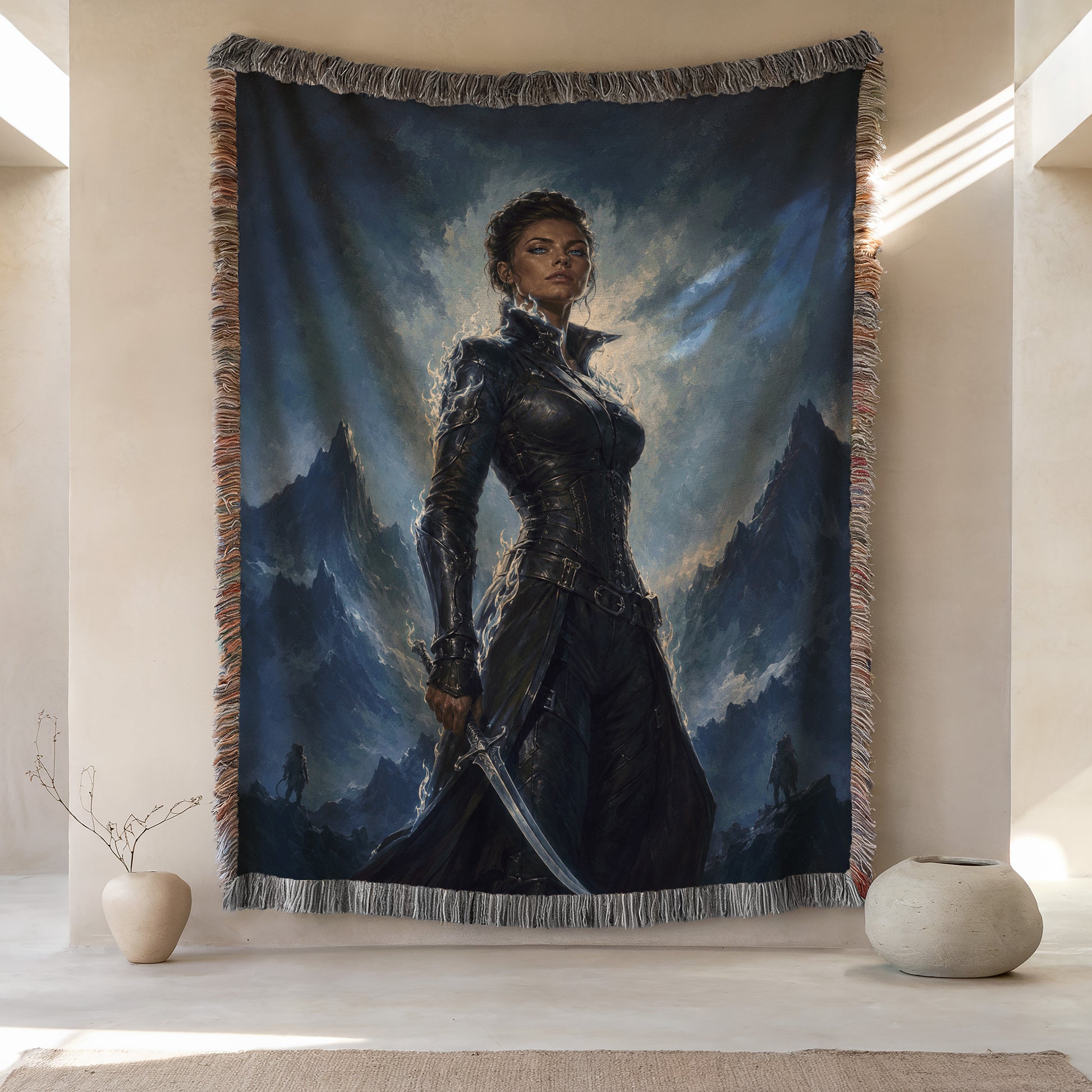 a large tapestry hanging on a wall, depicting a woman in a dark outfit with a sword in her hand. The tapestry is framed by a decorative border, and there are two small vases placed on either side of the tapestry.