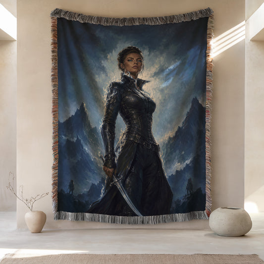 a large tapestry hanging on a wall, depicting a woman in a dark outfit with a sword in her hand. The tapestry is framed by a decorative border, and there are two small vases placed on either side of the tapestry.