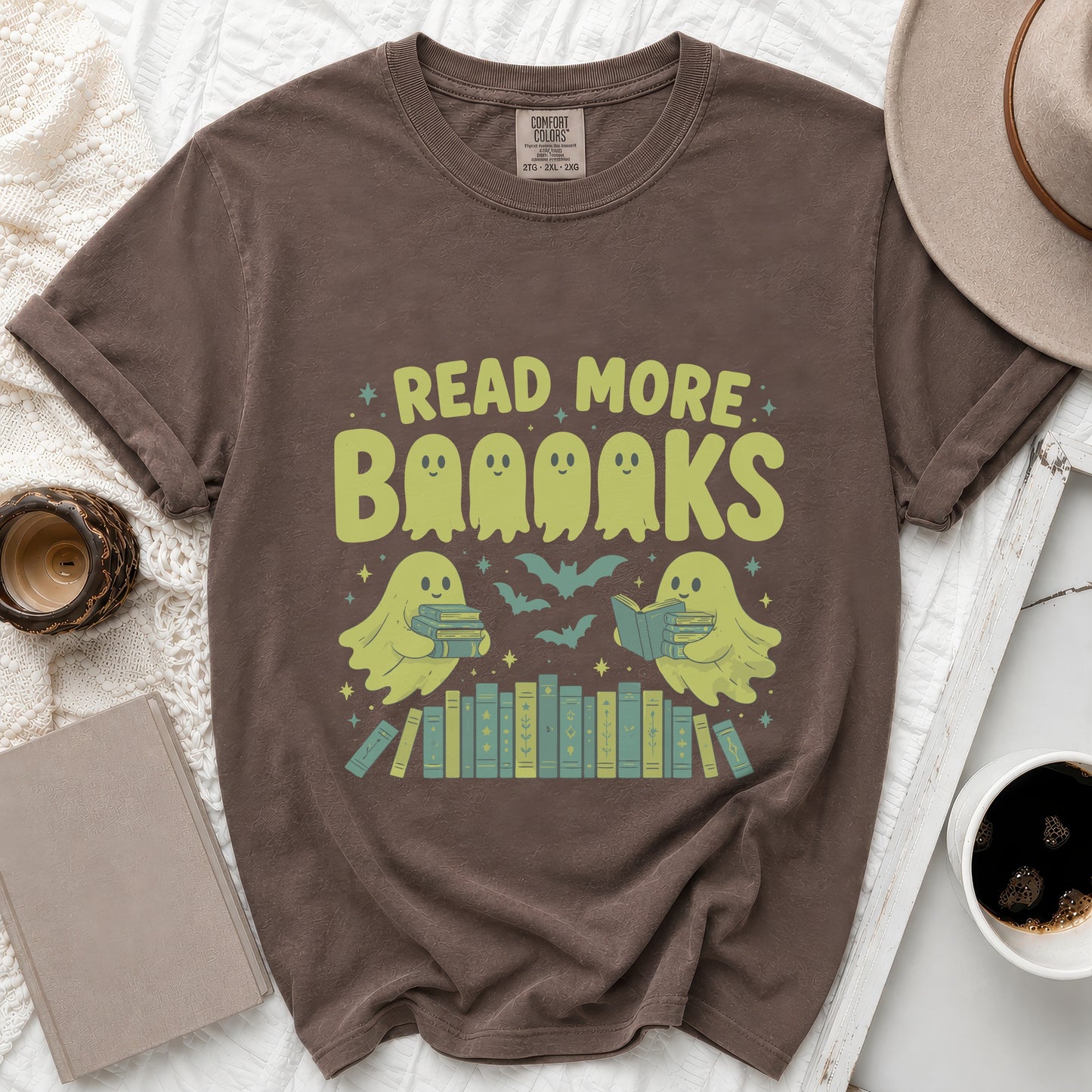 Brown t-shirt with "Read More Booooks" and two ghost reading books.