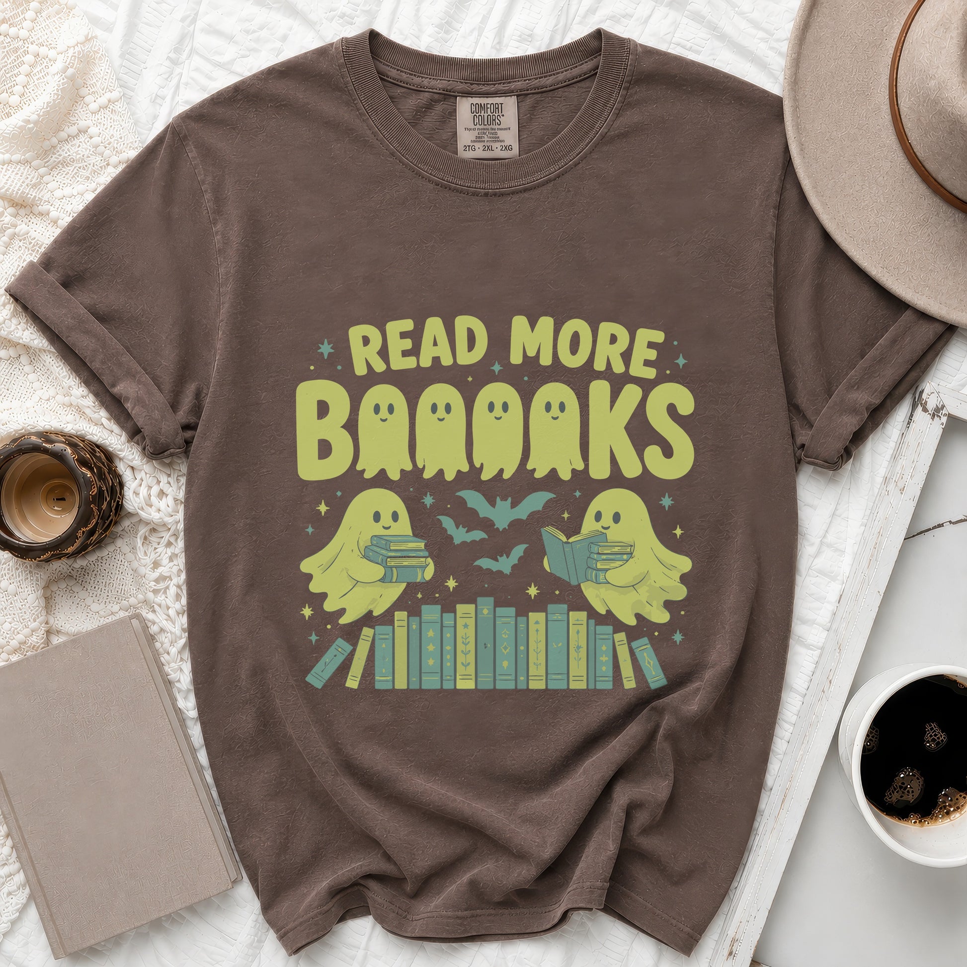 Brown t-shirt with "Read More Booooks" and two ghost reading books.