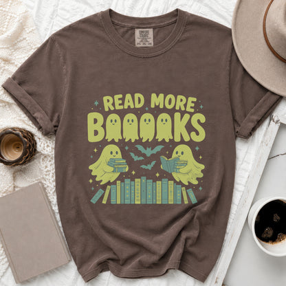 Brown t-shirt with "Read More Booooks" and two ghost reading books.