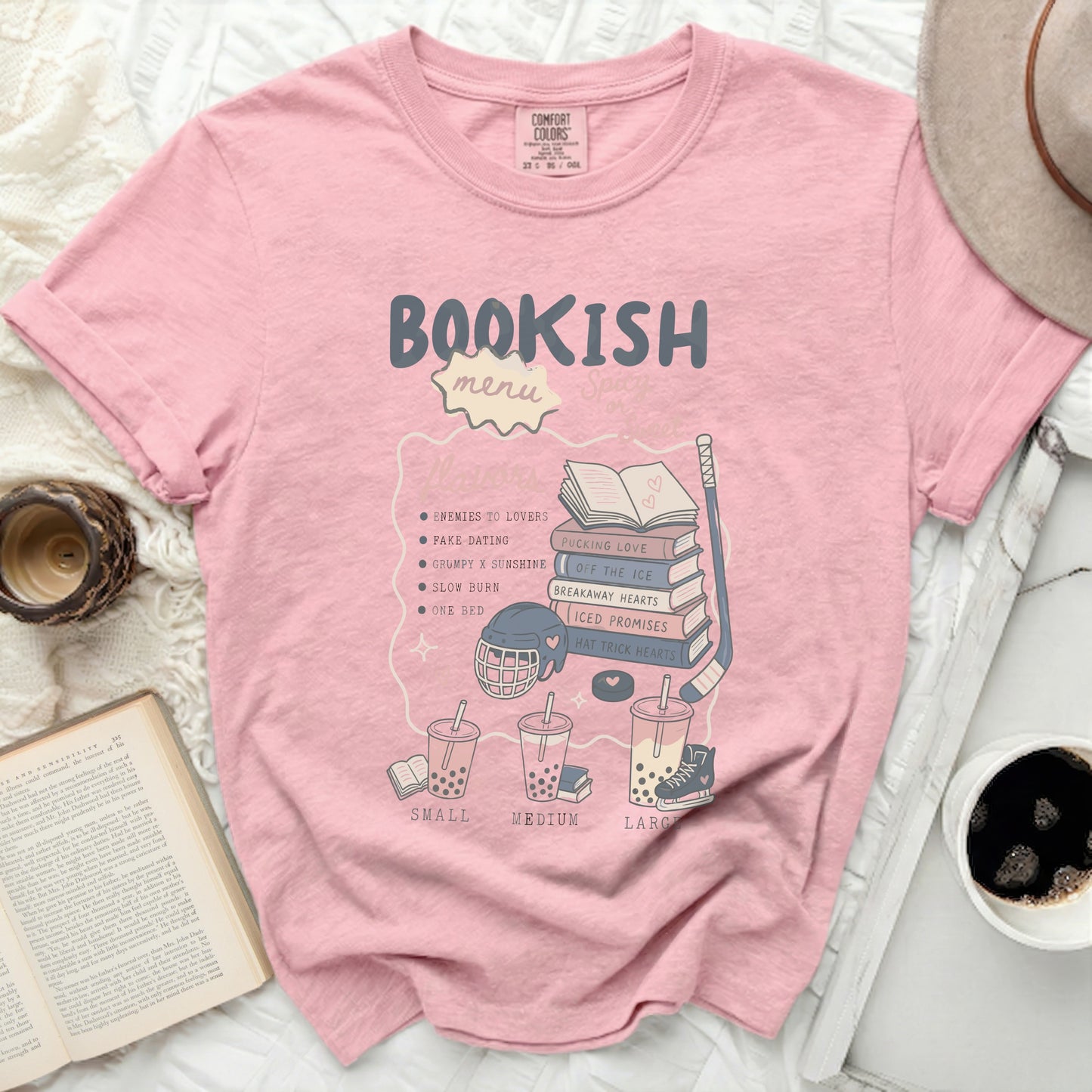 Comfort Colors t-shirt with "Bookish Menu" and titles of romance novel tropes.