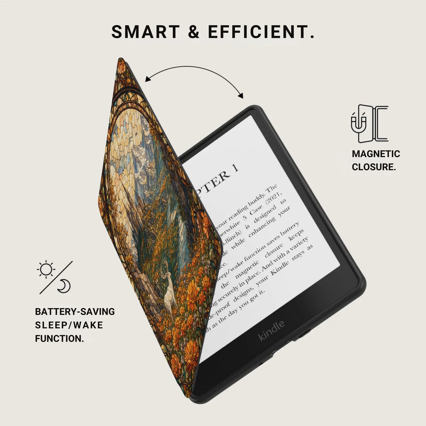 Kindle e-reader with a stained glass inspired cover and text about smart features.