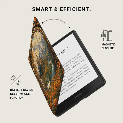 Kindle e-reader with a stained glass inspired cover and text about smart features.