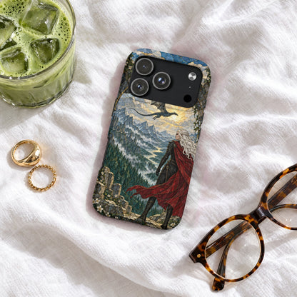 An illustrated phone case featuring a fantasy queen overlooking a mountain landscape with a dragon.