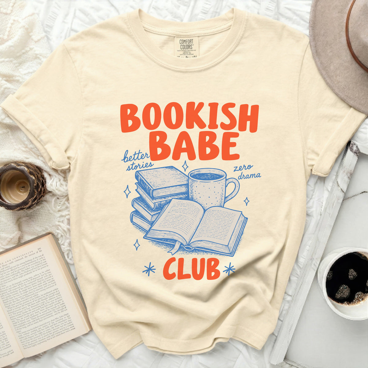 "Bookish Babe Club" graphic tee with books, coffee, and text.