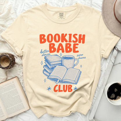 "Bookish Babe Club" graphic tee with books, coffee, and text.