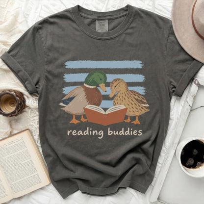 T-shirt with ducks reading a book and text "reading buddies".