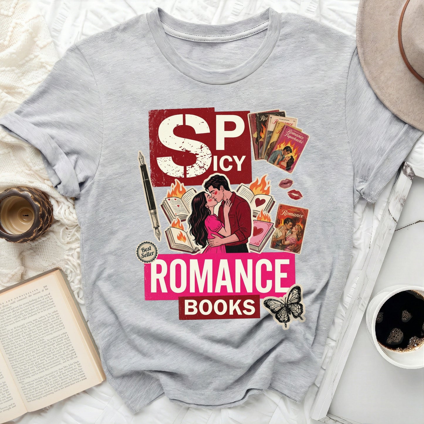 Spicy Romance Books Best Seller Kissing Couple design product type

Spicy Romance
Romance Books
Book Lover
Bookish
Reader Gift
Literary
Bookworm
Reading
Book Club
Romantic Novel
Couple Kissing
Vintage Books
Best Seller
Fictional
Novelty
Unique Design
Graphic Print
Butterfly Art
Pen Design
Storyteller