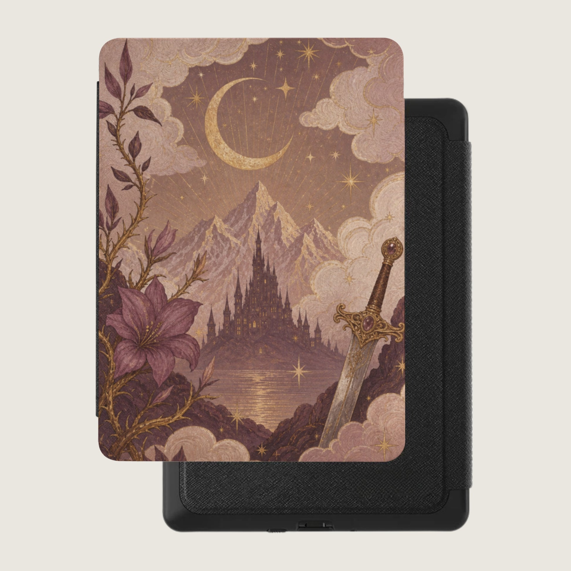 Fantasy castle, sword, moon, stars, and flowers on an e-reader cover.