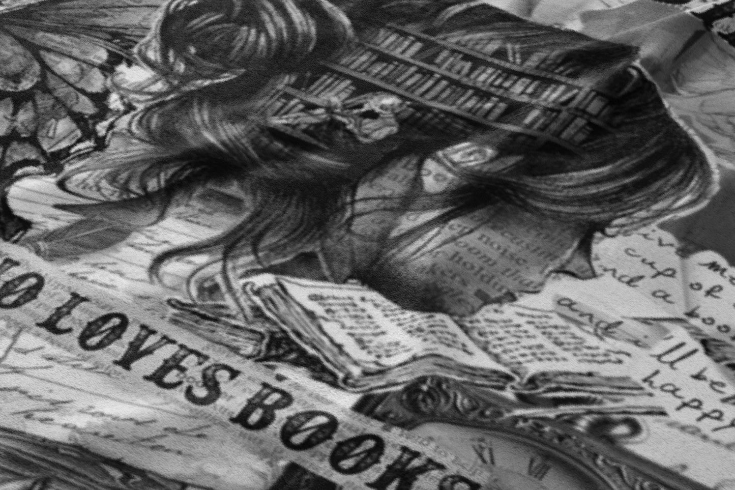 Black and white pattern of a woman reading surrounded by books and text.