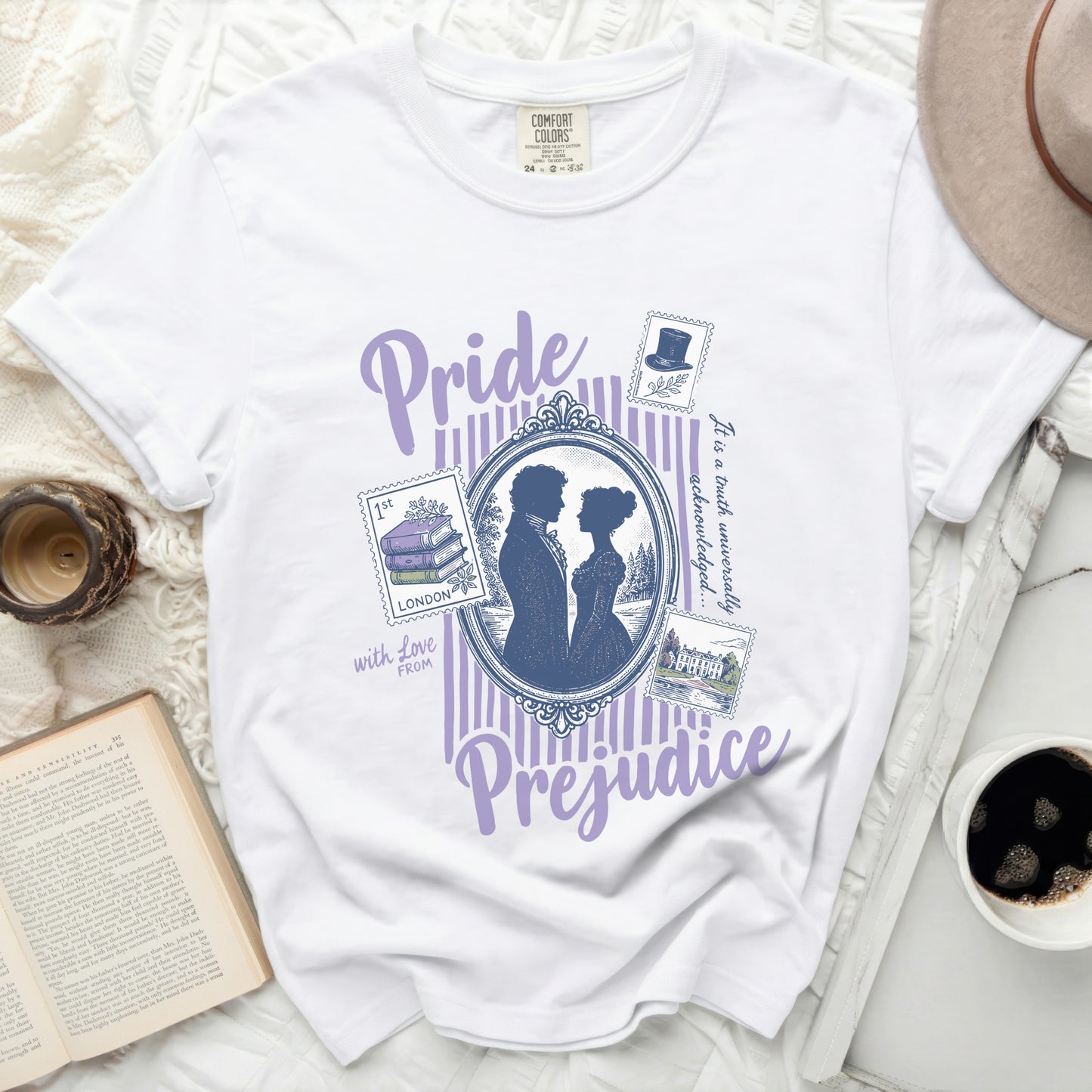 White t-shirt with "Pride and Prejudice" design and Victorian couple.