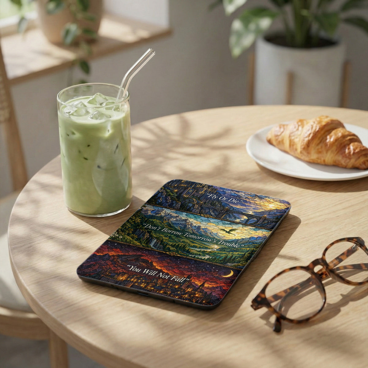 An e-reader with a stained glass landscape case rests on a wooden table beside a green drink, croissant, and glasses.