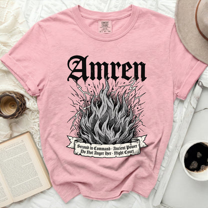 Pink t-shirt with "Amren" and "Second in Command Ancient Power Do Not Anger Her Night Court" text.